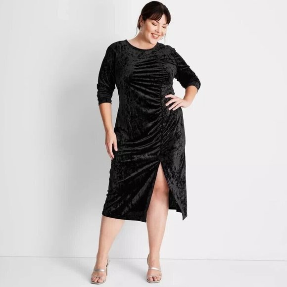 Future Collective Dresses & Skirts - Future Collective Dress Black Velvet Ruched Long Sleeve NWT